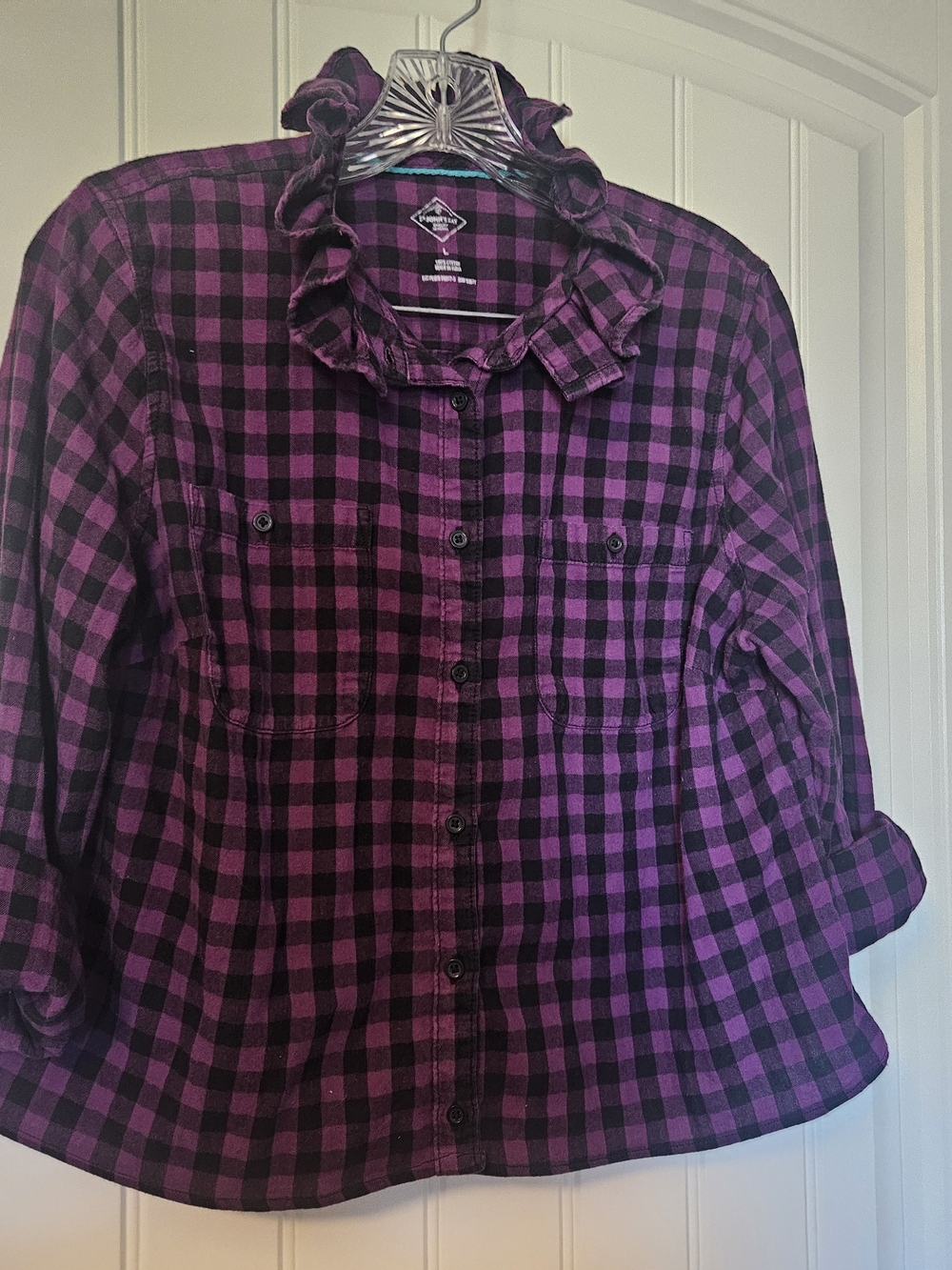 Purple and Black Buffalo Plaid Ruffle Collar Button-Up Shirt